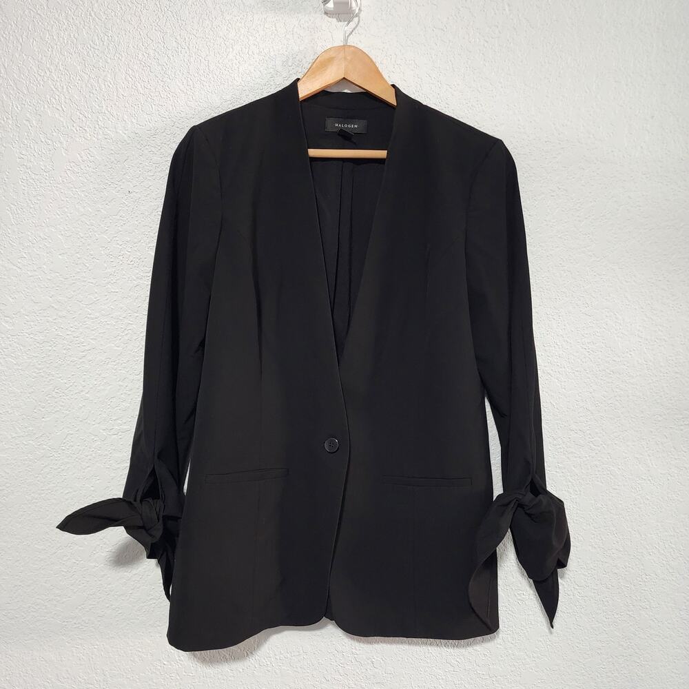 Halogen Black Collarless Single Button Blazer Tie Sleeve Cuff Medium Career Wear